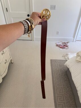 Tory Burch Brown Leather Belt with Gold Logo Buckle